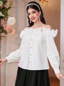 Modelyn Women'S Solid Color Exaggerated Flounced Cold Shoulder Shirt - White - View 6