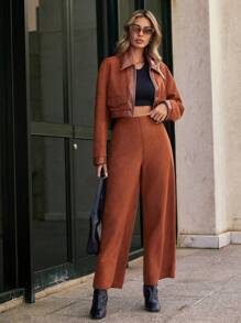 SHEIN Essnce Ladies' Suede Two Pieces Set - Brown - View 3