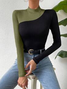 SHEIN Essnce 顏色塊立領t卹 - 墨綠色 - 查看 1