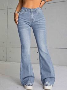 SHEIN EZwear Của phụ nữ Mèo Whisker Pháo sáng Quần jean - Rửa trung bình - Xem 5