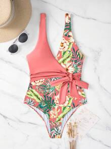 SHEIN Swim 熱帶印花交叉前立體剪裁一片式泳衣 - 彩色 - 查看 9
