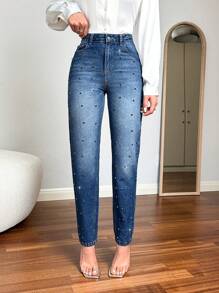 Women'S Rhinestone Embellished Jeans - Blue - View 5