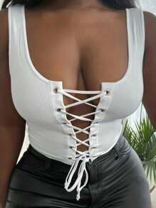 INAWLY Plus Size Women's Ribbed Tie Back Tank Top