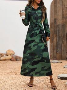 SHEIN Clasi Camo In Thắt lưng Váy sơ mi - xanh quân đội - Xem 5