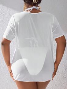 Lynsi Whitaker Artist Vacation Summer Beach Plus Size Leopard Print Glasses & Letter Printed Mesh Cover Up Shirt, For Summer, Holiday, Festival, Ibiza Fits