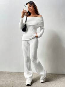 SHEIN Unity 女式露肩罗纹长袖毛衣和针织裤套装