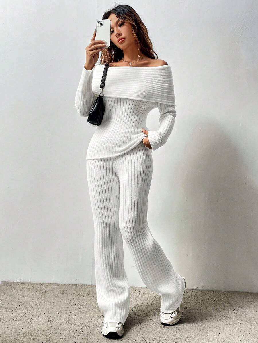 SHEIN Unity 女式露肩罗纹长袖毛衣和针织裤套装