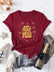 SHEIN EZwear 女新年標語印花短袖t卹 - 紅木色 - 查看 1