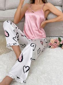 Damen Solider Farbe Ärmelloses Camisole Und Mit Herzdruck Hose Pyjama Set