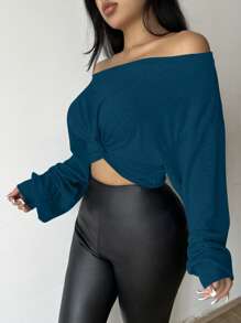 Zolique Women's Off-Shoulder Knotted Hem T-Shirt Fall Cloth For Women - Blue - View 4