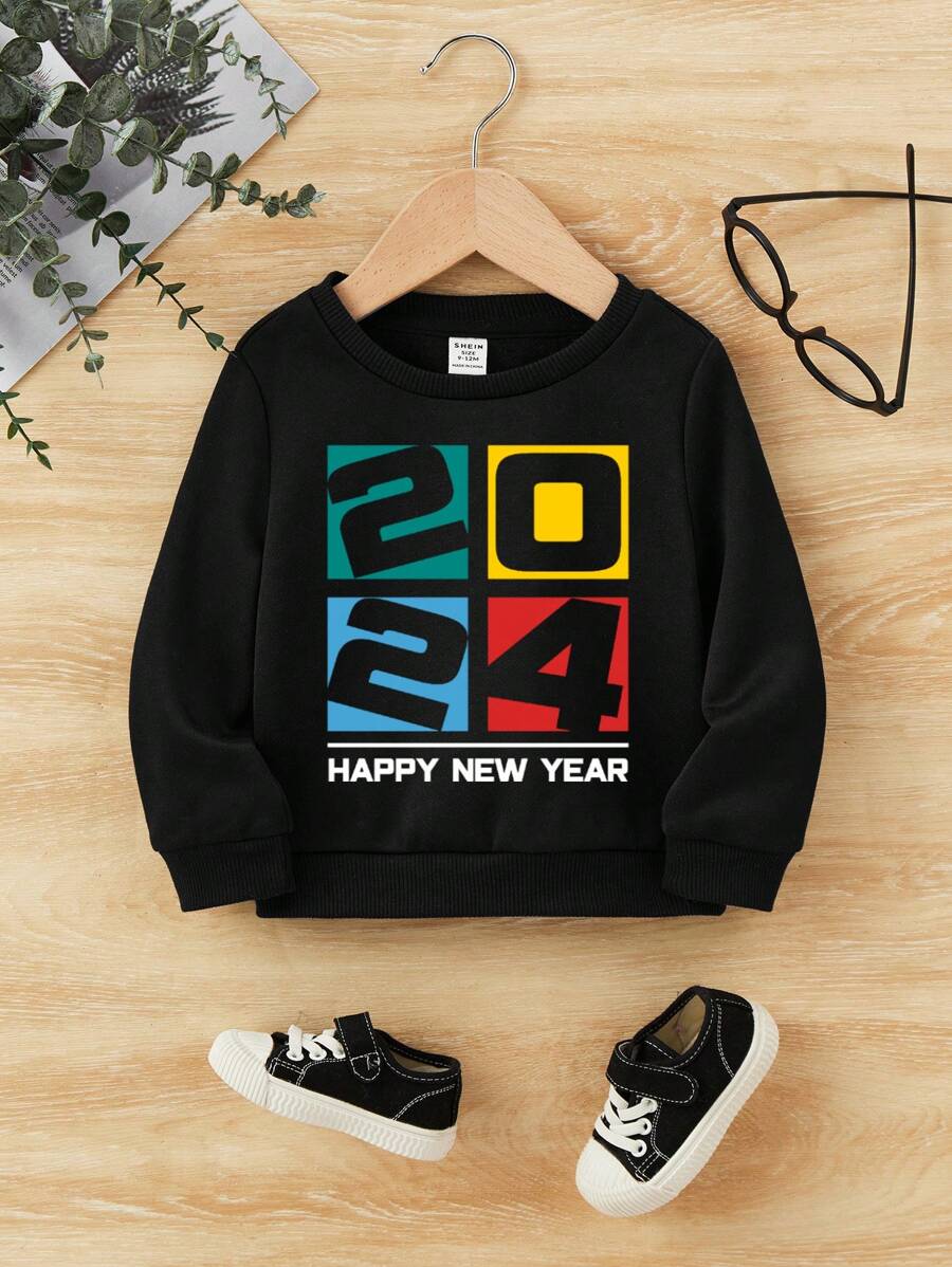 男嬰休閒圓領抓絨運動衫,新年標語印花 - 黑色 - 查看 1