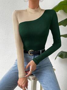 SHEIN Essnce 立領拼色長袖t卹 - 綠色 - 查看 1