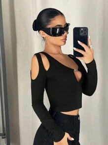 SHEIN ICON Ladies' Hollow Out Long Sleeve T-Shirt - Black - View 6