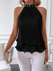 SHEIN Clasi Của phụ nữ Giả ngọc trai Trang trí Nếp uốn Vòng cổ Halter Neck Áo sơ mi - Hồng - Xem 4