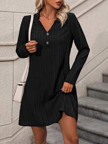 SHEIN LUNE Của phụ nữ Đơn giản Màu thuần Trang trí nút Cổ chữ V Tay áo dài Đầm - màu đen - Xem 5