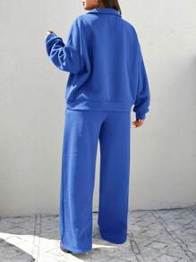 SHEIN Cottnline Plus Size Drop Shoulder Sleeve Zippered Half Placket Warm Lined Sweatshirt And Sweatpants Two-Piece Set - Royal Blue - View 2