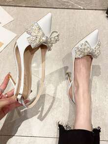 女士白色綁帶高跟鞋,最新夏季系列,獨特設計帶蝴蝶結,珍珠細節及尖頭設計,露趾開後跟涼鞋 - 白色 - 查看 8