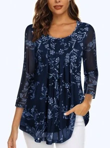 CheersLife 女士休闲 3/4 袖束腰上衣花卉双层衬衫宽松百褶网眼衬衫