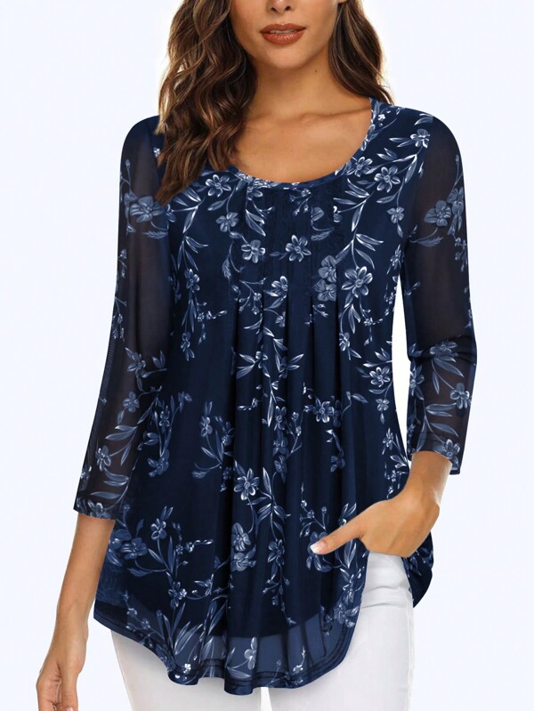 CheersLife Women's Casual 3/4 Sleeve Tunic Tops Floral Double Layers Blouses Loose Fit Pleated Mesh Shirts