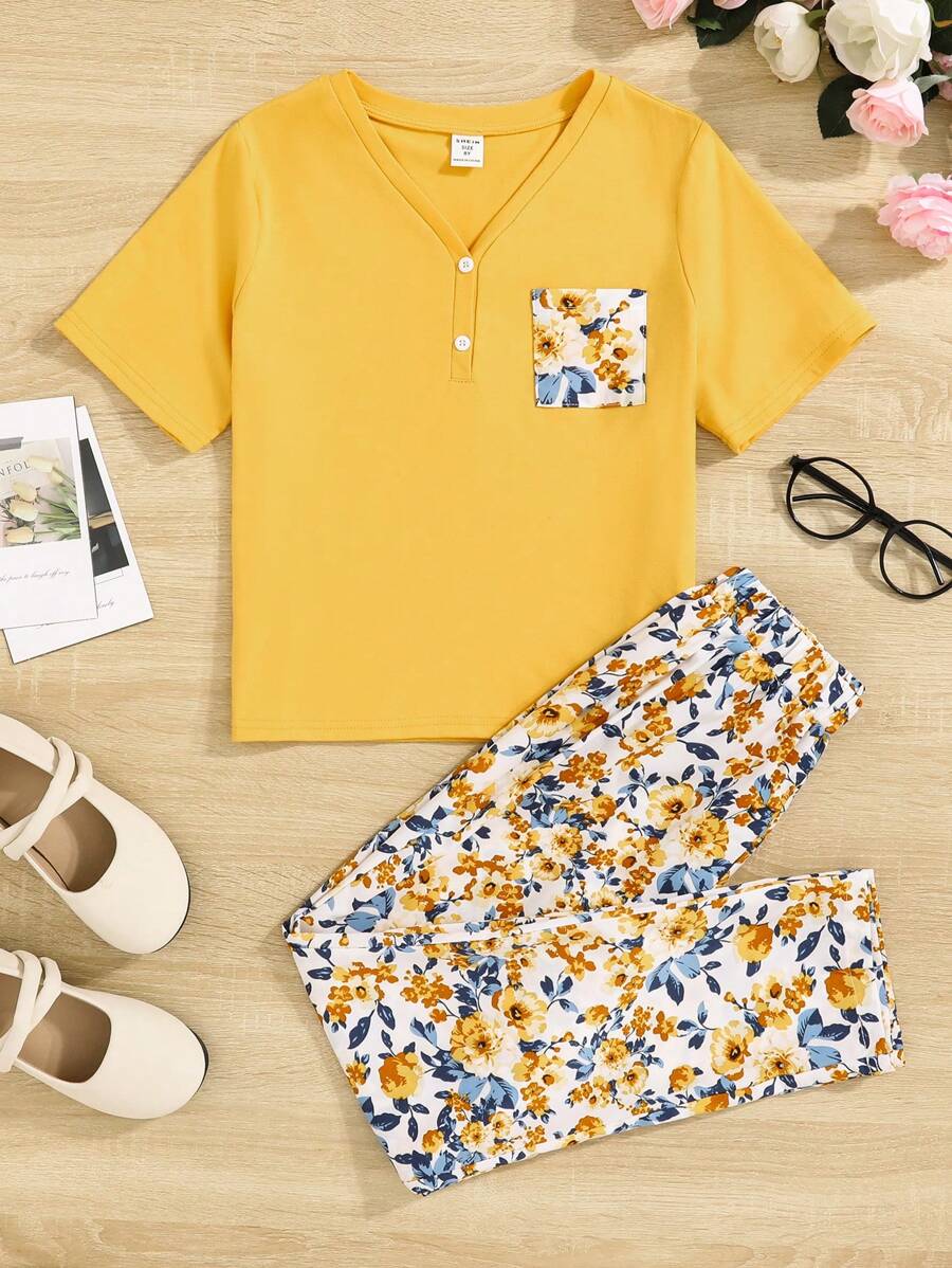 SHEIN Bé gái Lỏng lẻo phù hợp Giải trí Hoa Ngắn tay Dài Quần Bộ mặc nhà