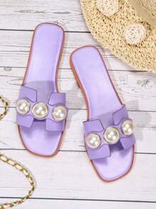 Đúng mốt Quý cô Dép phẳng Với Trân châu Trang trí Khóa Và Chóp giầy hình vuông - Màu tím hoa cà - Xem 1
