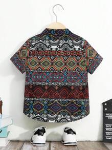 男孩休閒、舒適、時尚、簡約、實用、多功能、復古幾何圖案、透氣、短袖襯衫,適合春夏季節 - 彩色 - 查看 7