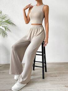 Chiquease 素色短款背心&闊腿褲 - 卡其色 - 查看 4