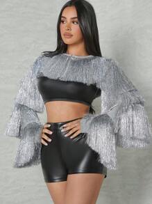 Hauture Fashion Sexy Layered Metallic Fringe Crop Jacket - Silver - View 1