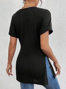 SHEIN LUNE Ladies' Lace Splice Side Slit T-Shirt - Black - View 2