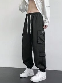 Men's Slogan Graphic Flap Pocket Side Drawstring Waist Cargo Pants, Autumn - Black - View 3