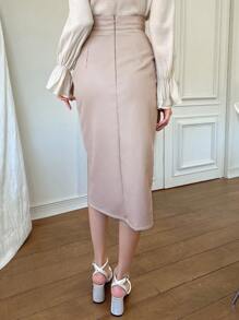 Dazy Star Split Hem Pu Leather Skirt Fall,Winter - Apricot - View 2