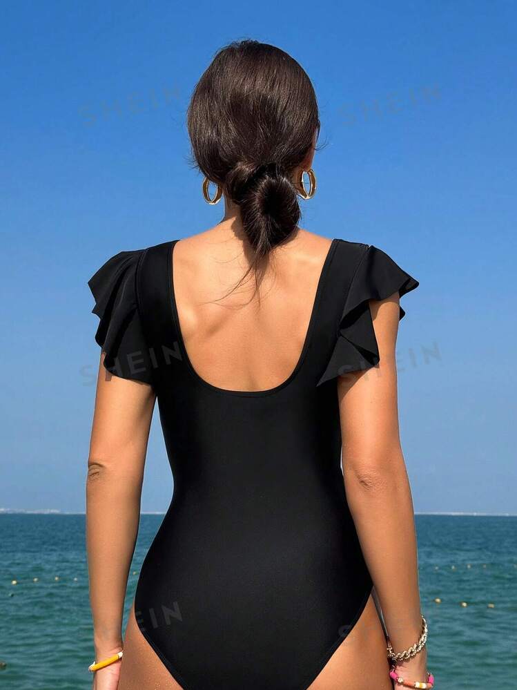 Swim Vcay Traje De Baño De Una Pieza Para Mujer Con Ribete De Volantes - Negro - Añade 2