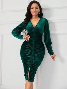 SHEIN Lady 女士天鵝絨褶皺緊身裙 - 墨綠色 - 查看 6