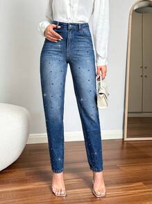 Women'S Rhinestone Embellished Jeans - Blue - View 1
