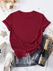 SHEIN LUNE 女款金色印花農曆新年鬆身短袖圓領T恤 - 紅木色 - 查看 2