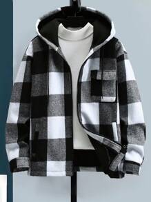 Manfinity Homme Men's Plaid Zipper Closure Hooded Fleece Jacket - Multicolor - View 3