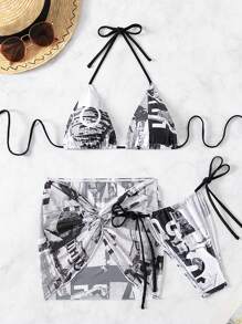 Swim EVENT Women's Letter Printed Three-Piece Triangle Separated Bikini Set Summer Beach - Black and White - View 5