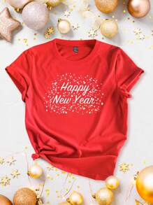 SHEIN Qutie 女裝寬鬆短袖T恤，印有新年口號印花 - 紅色 - 查看 1