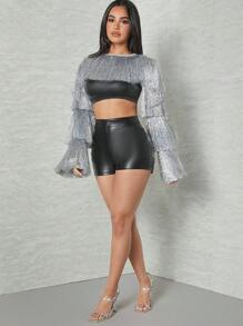 Hauture Fashion Sexy Layered Metallic Fringe Crop Jacket - Silver - View 4