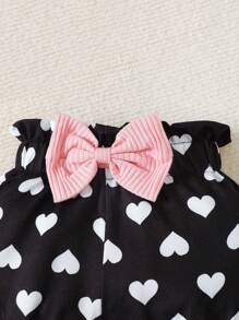 SHEIN 3pcs/Set Baby Girls' Cute Spring & Autumn Casual Round Neck Jumpsuit With Slogan Embroidery, Heart Print Shorts And Headband - Pink - View 3