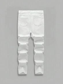 少年男孩新款休閒時尚水洗牛仔褲，印花補丁和破壞細節設計 - 白色 - 查看 2