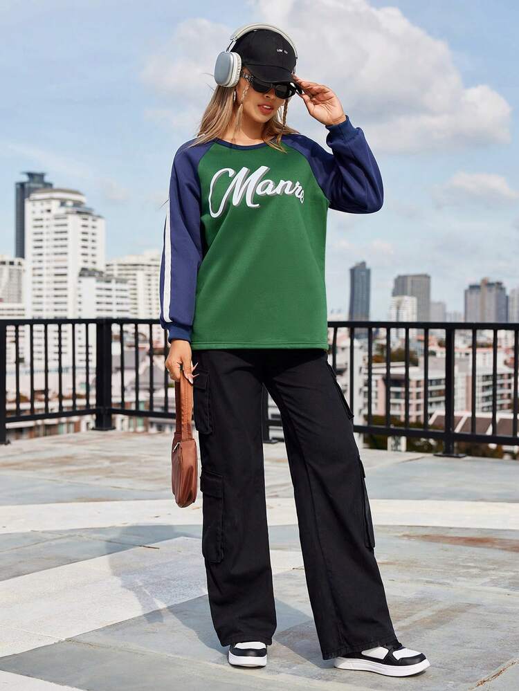 Casual Color Block Letter Print Raglan Sleeve Fleece Sweatshirt, Autumn & Winter Pullover Fall Sweatshirt