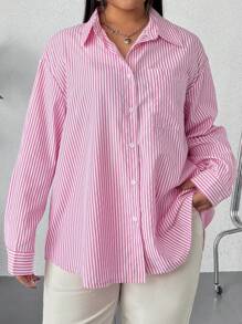 SHEIN EZwear Camisa Larga De Rayas Para Mujer De Talla Grande