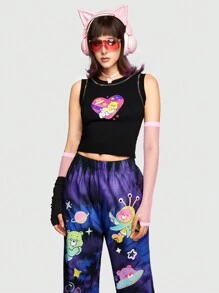 ROMWE X Care Bears Contrast Stitch Detail Bear Print Slim Fit Tank Top - Black - View 3