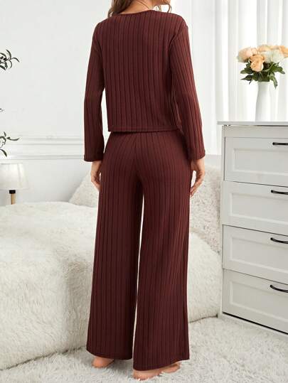 Long Sleeve Ribbed Top Pants Homewear Lounge Set Cozy Outfit, Fall Clothes view 2