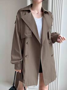 DAZY 休闲商务风格纯色女士宽松插肩袖风衣，秋季服装女士夹克 - 咖啡棕 - 查看 5