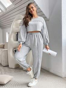 SHEIN Essnce Kích thước lớn Khối màu Cán Hem Tay áo lồng đèn Top Cây trồng Và Quần Bộ - Xám - Xem 1