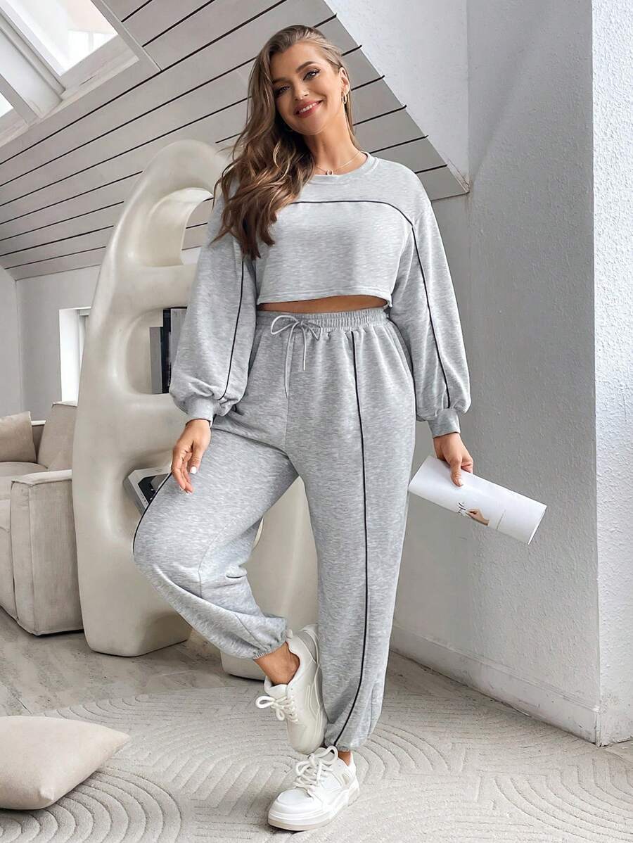 SHEIN Essnce Kích thước lớn Khối màu Cán Hem Tay áo lồng đèn Top Cây trồng Và Quần Bộ - Xám - Xem 1