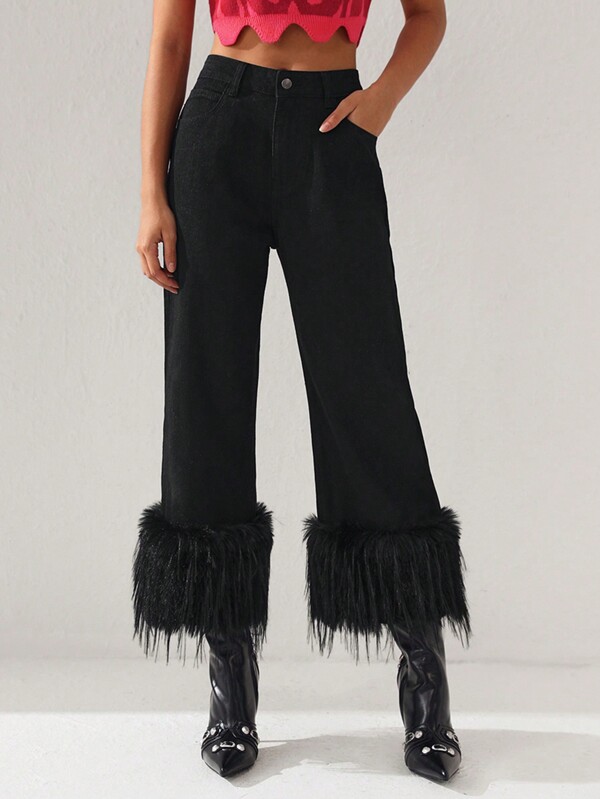 NIKA BISOU Designer Ladies' Contrast Fuzzy Hem Cowgirl Jeans, For Women, For Holiday, Festival