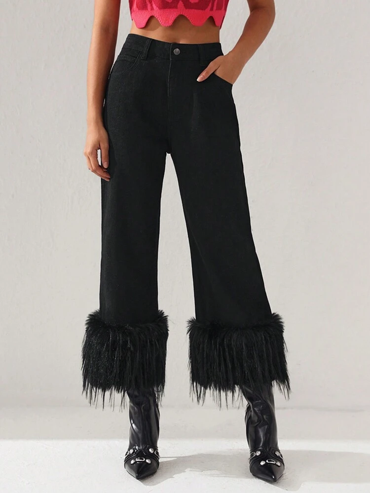 Designer Ladies' Contrast Fuzzy Hem Cowgirl Jeans, For Women, For Holiday, Festival